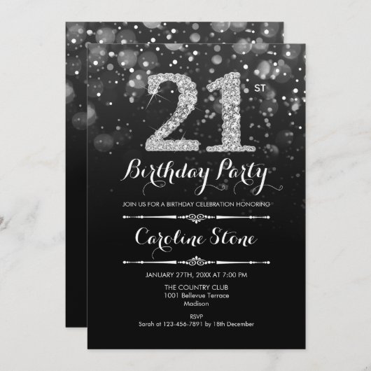 21e verjaardag - Zwart Zilver Kaart (Voorkant / Achterkant)