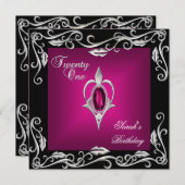 21e verjaardag zwarte, diepe roze 4a kaart (Voorkant / Achterkant)