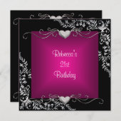 21e verjaardag zwarte, diepe roze zilver kaart (Voorkant / Achterkant)