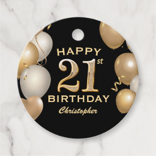 21e verjaardag Zwarte en gouden ballonnen Bedankjes Labels