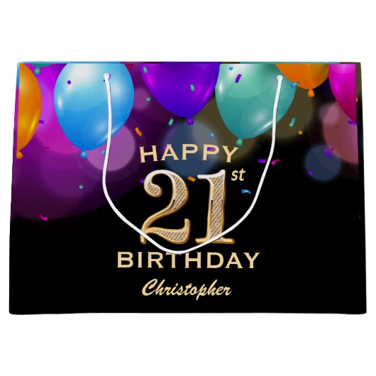 21e verjaardag Zwarte en gouden ballonnen Groot Cadeauzakje (Voorkant)