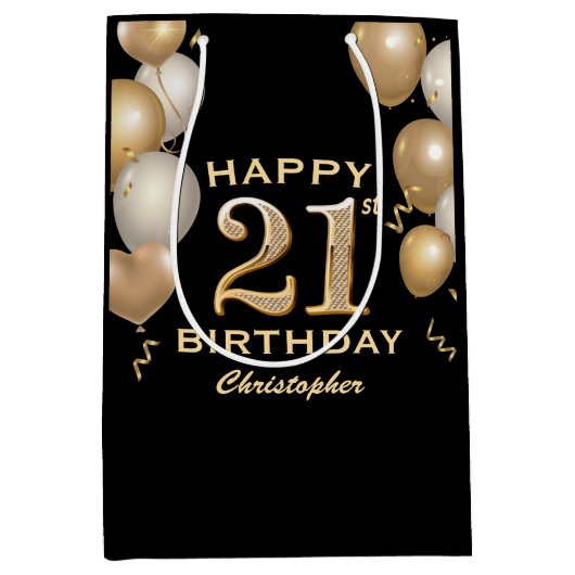 21e verjaardag Zwarte en gouden ballonnen Medium Cadeauzakje (Voorkant)
