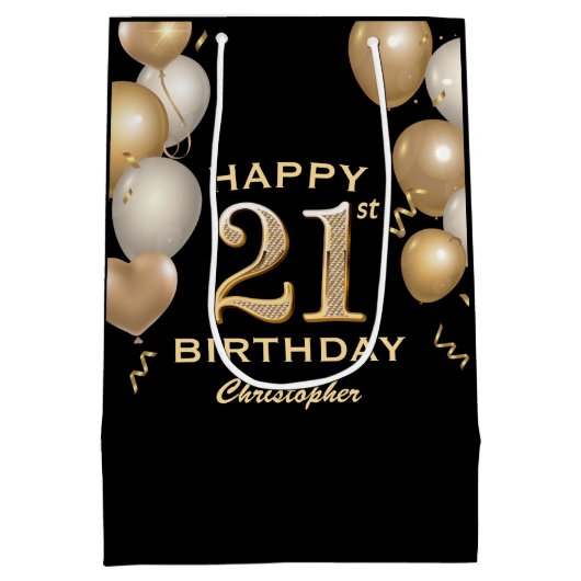 21e verjaardag Zwarte en gouden ballonnen Medium Cadeauzakje (Achterkant)