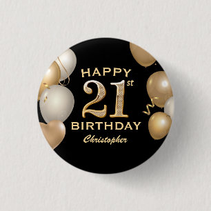 21e verjaardag Zwarte en gouden ballonnen Ronde Button 3,2 Cm
