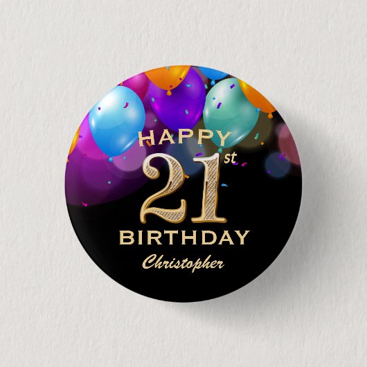 21e verjaardag Zwarte en gouden ballonnen Ronde Button 3,2 Cm (Voorkant)
