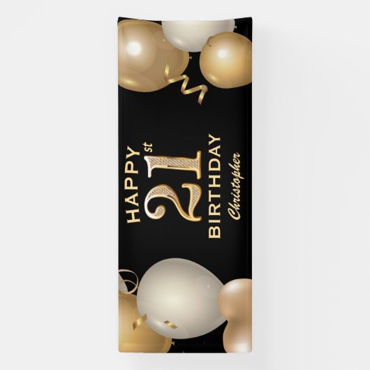 21e verjaardag Zwarte en gouden ballonnen Spandoek (Verticaal)