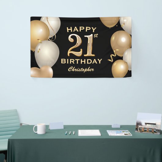 21e verjaardag Zwarte en gouden ballonnen Spandoek (Beurs)