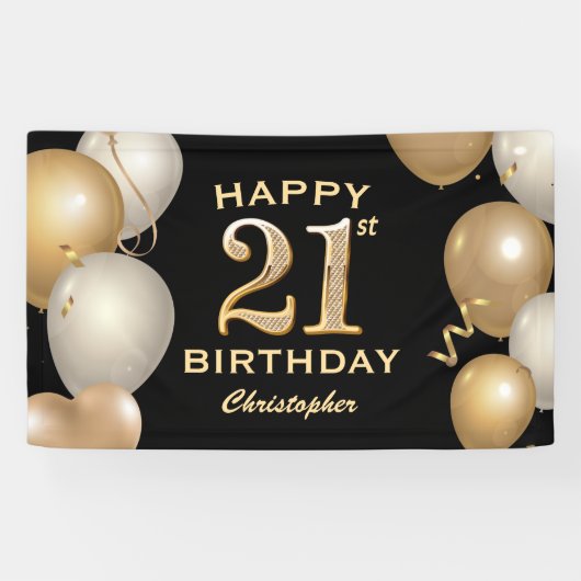 21e verjaardag Zwarte en gouden ballonnen Spandoek (Horizontaal)
