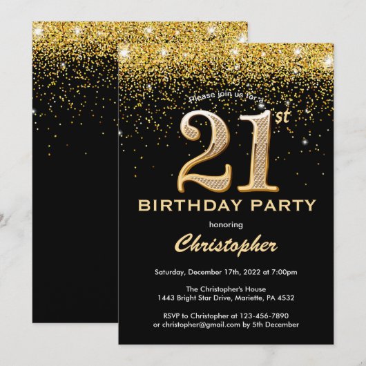 21e verjaardag zwarte en goudglitter-Confetti Kaart (Voorkant / Achterkant)