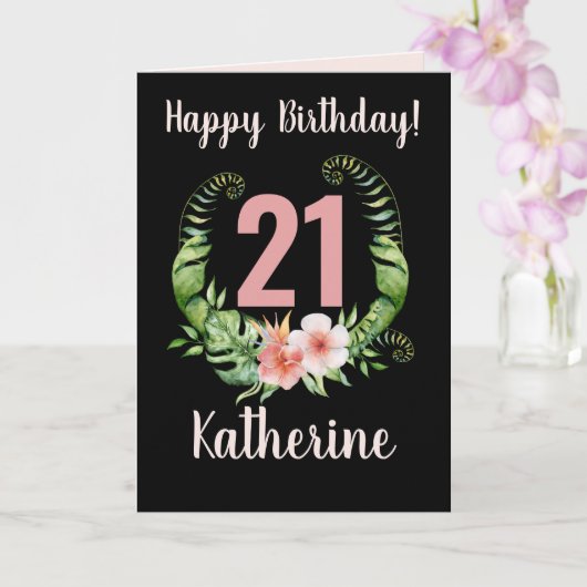 21e verjaardag zwarte Floral Girl Name Kaart (Orchidee)