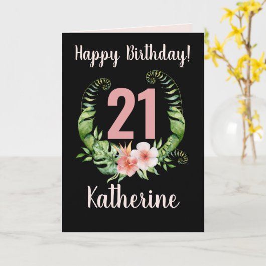 21e verjaardag zwarte Floral Girl Name Kaart (Gele Bloem)