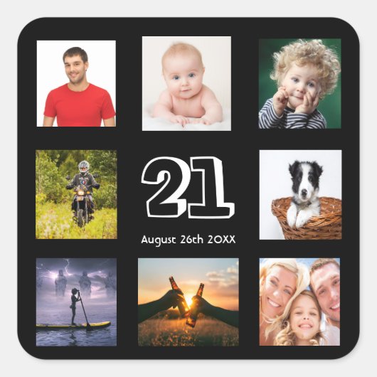 21e verjaardag zwarte foto collage man vierkante sticker (Voorkant)