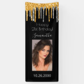 21e verjaardag zwarte gouden foto glitter zilvergl spandoek (Verticaal)