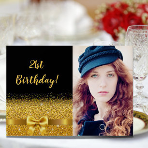 21e verjaardag zwarte gouden fotoglam kaart