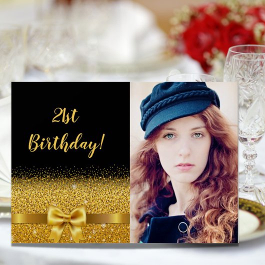 21e verjaardag zwarte gouden fotoglam kaart