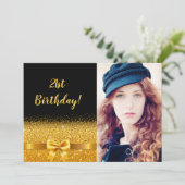 21e verjaardag zwarte gouden fotoglam kaart (Staand voorkant)