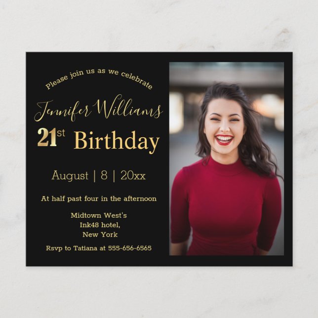 21e verjaardag zwarte gouden fotouitnodiging (Voorkant)