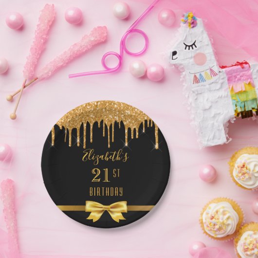 21e verjaardag zwarte gouden glitter drip naam papieren bordje (Feest)