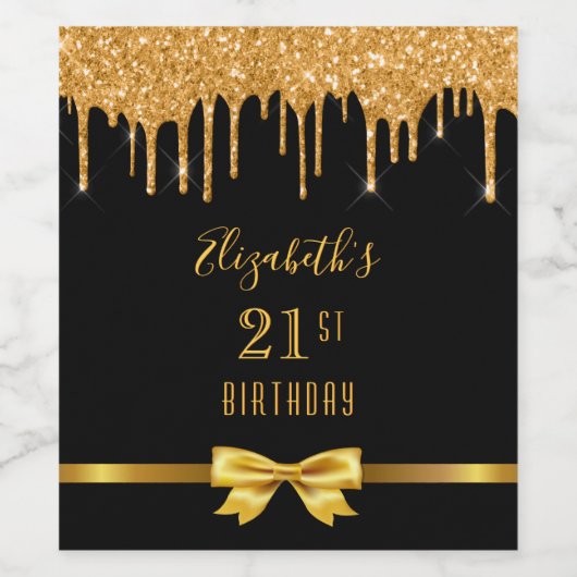 21e verjaardag zwarte gouden glitter drip naam wijn etiket (Enkel label)