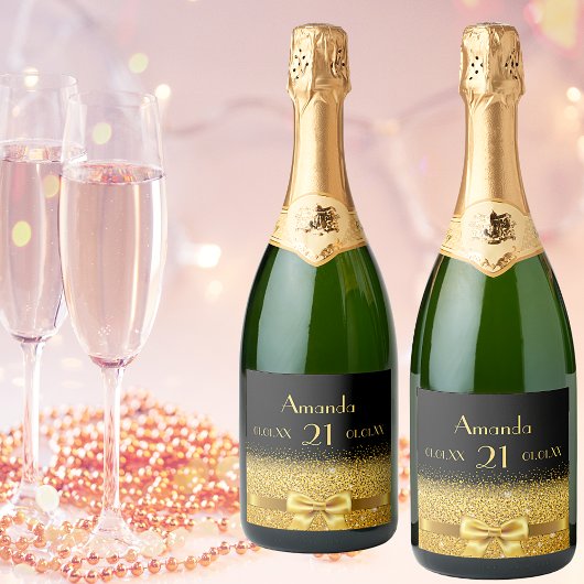 21e verjaardag zwarte gouden naam chic sparkling wijnetiket