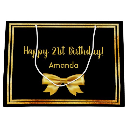 21e verjaardag zwarte gouden naam elegante boog groot cadeauzakje (Voorkant)