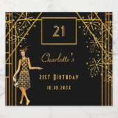 21e verjaardag zwarte gouden retro deco sparkling wijnetiket (Enkel label)