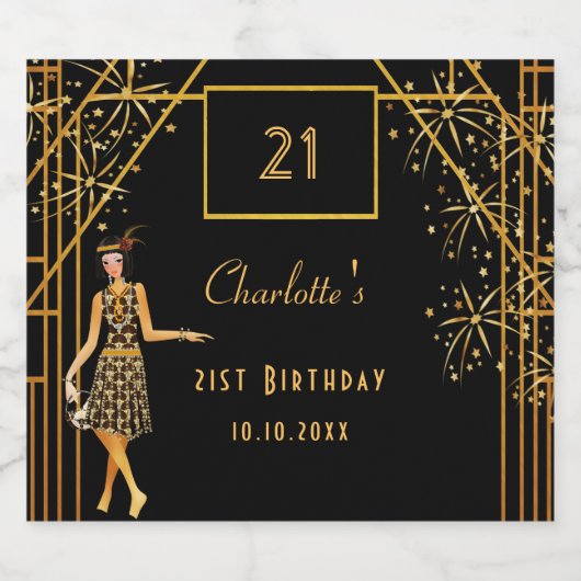 21e verjaardag zwarte gouden retro deco sparkling wijnetiket (Enkel label)