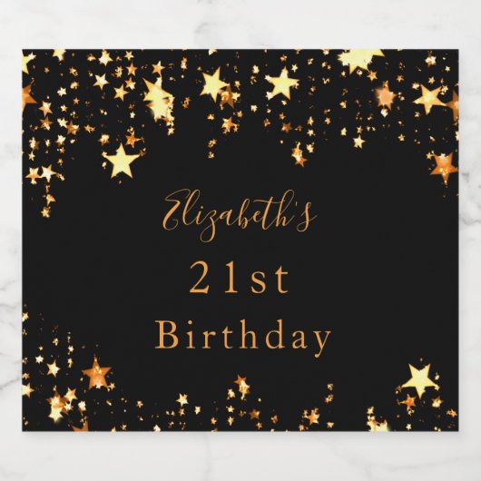 21e verjaardag zwarte gouden sterren moderne elega sparkling wijnetiket (Enkel label)