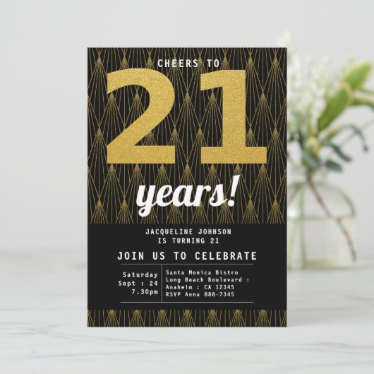 21e verjaardag zwarte goudfeest kaart (Staand voorkant)