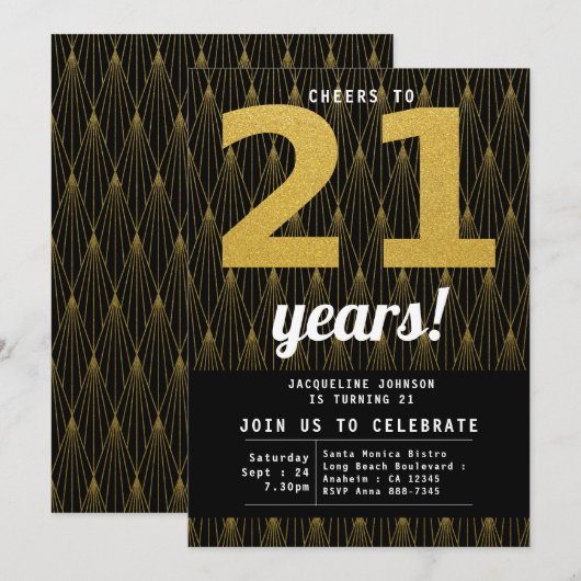 21e verjaardag zwarte goudfeest kaart (Voorkant / Achterkant)