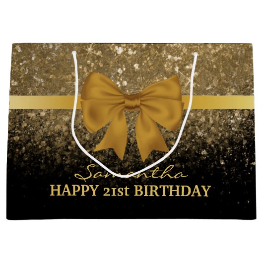 21e verjaardag zwarte goudglitter spaarpjes groot cadeauzakje (Voorkant)