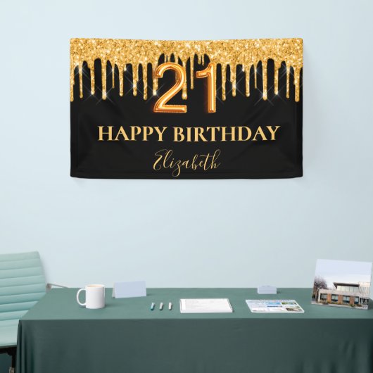 21e verjaardag zwarte goudglitterdruppels spandoek (Beurs)