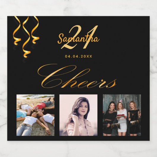 21e verjaardag zwarte goudkoortsfoto's sparkling wijnetiket (Enkel label)