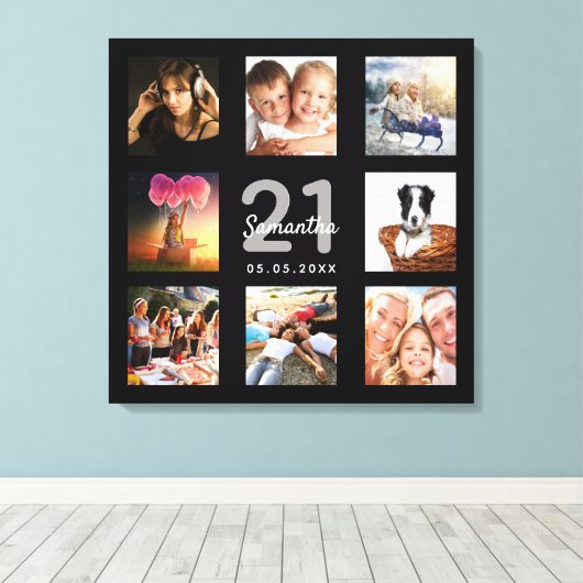 21e verjaardag zwarte monogram aangepaste fotocoll canvas afdruk (Insitu (Houten vloer))