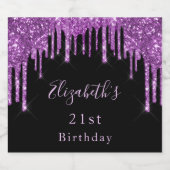 21e verjaardag zwarte paarse glitter drip roze gla sparkling wijnetiket (Enkel label)