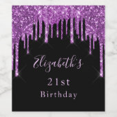 21e verjaardag zwarte paarse glitter drip roze gla wijn etiket (Enkel label)