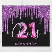 21e verjaardag zwarte paarse glitterglansglansglan sparkling wijnetiket (Enkel label)