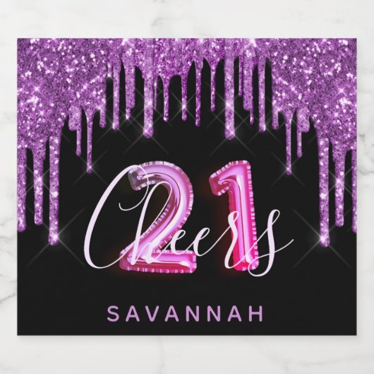 21e verjaardag zwarte paarse glitterglansglansglan sparkling wijnetiket (Enkel label)