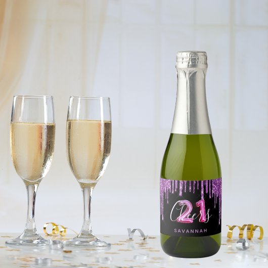 21e verjaardag zwarte paarse glitterglansglansglan sparkling wijnetiket