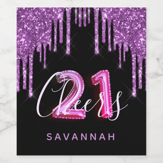 21e verjaardag zwarte paarse glitterkaas wijn etiket (Enkel label)