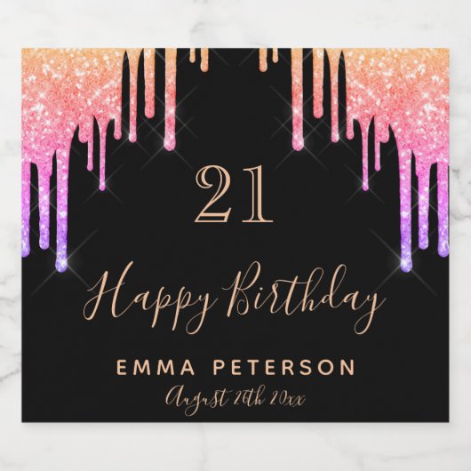 21e verjaardag zwarte roze glitter sparkle sparkling wijnetiket (Enkel label)