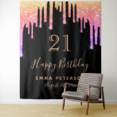 21e verjaardag zwarte roze paarse glitterdruppels wandkleed (In situ)