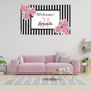 21e verjaardag zwarte strepen florale naam spandoek