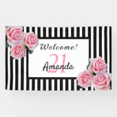 21e verjaardag zwarte strepen florale naam spandoek (Horizontaal)