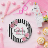 21e verjaardag zwarte strepen roze florals klassie papieren bordje (Feest)
