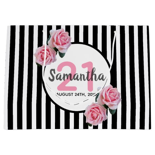 21e verjaardag zwarte strepen roze rozenrozennaam groot cadeauzakje (Voorkant)