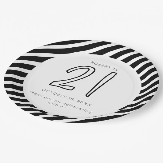 21e verjaardag zwarte & witte strepen Eenvoudige m Papieren Bordje (Gekanteld)