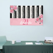 21e verjaardag zwarte witte strepen roze florals spandoek (Beurs)