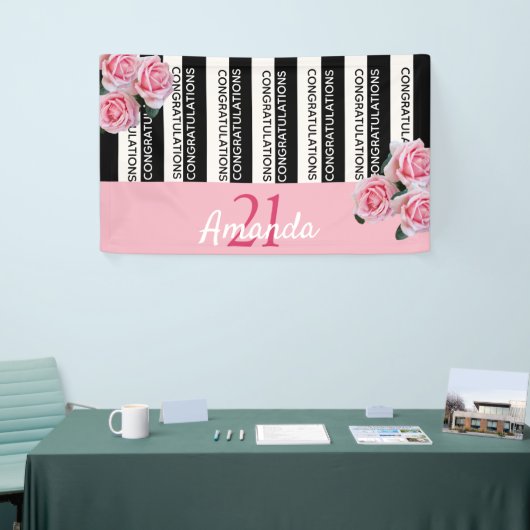21e verjaardag zwarte witte strepen roze florals spandoek (Beurs)