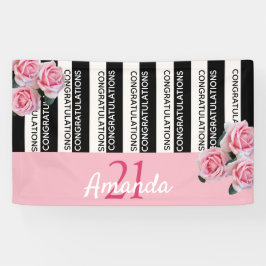 21e verjaardag zwarte witte strepen roze florals spandoek